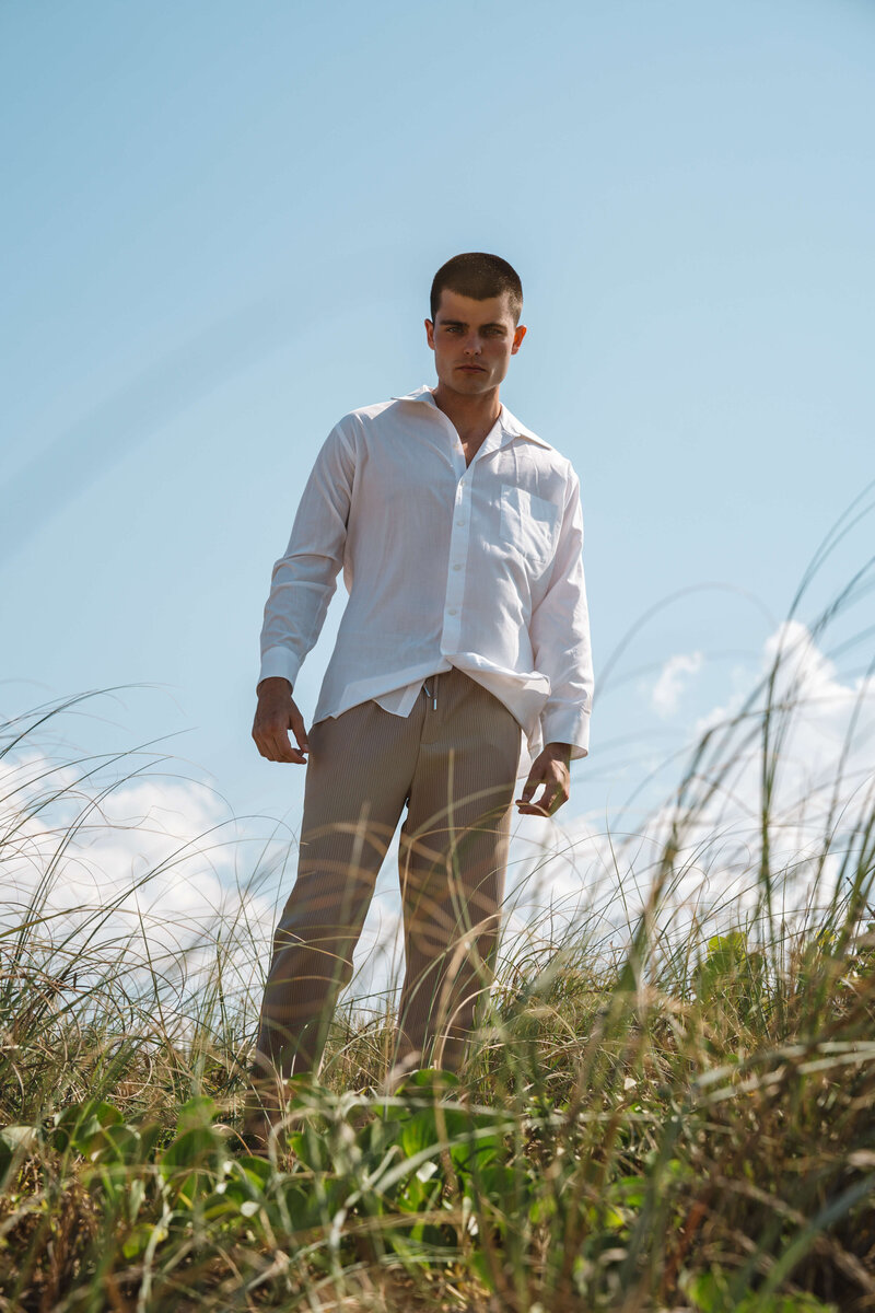Man modeling in field