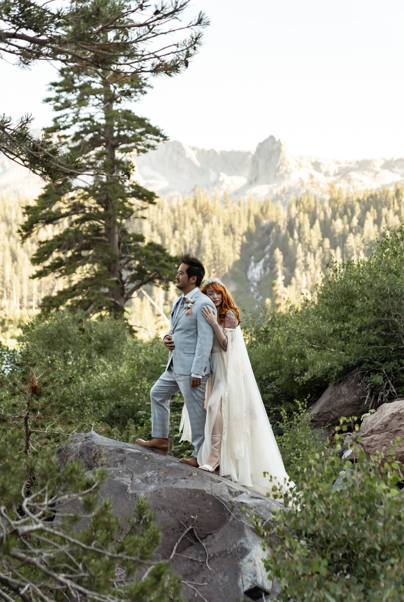 Romantic woodsy wedding couple in  with the majestic mountains in the distance