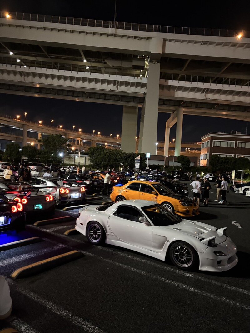 Wide view of Daikoku Parking Area during the day, showcasing rows of sports and luxury cars with elevated expressways above — a prime meetup spot for Tokyo car enthusiasts.