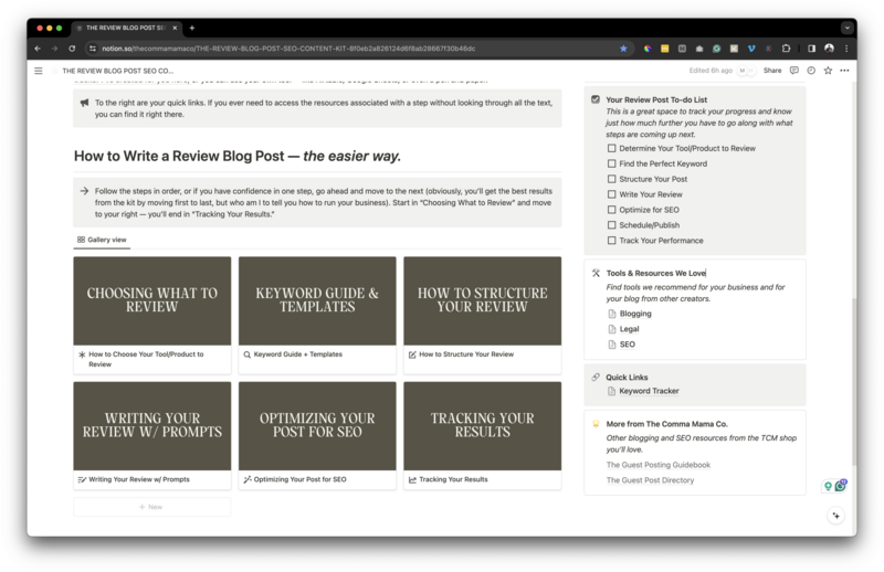 Showcasing the review blog post SEO content kit curriculum and templates for students.