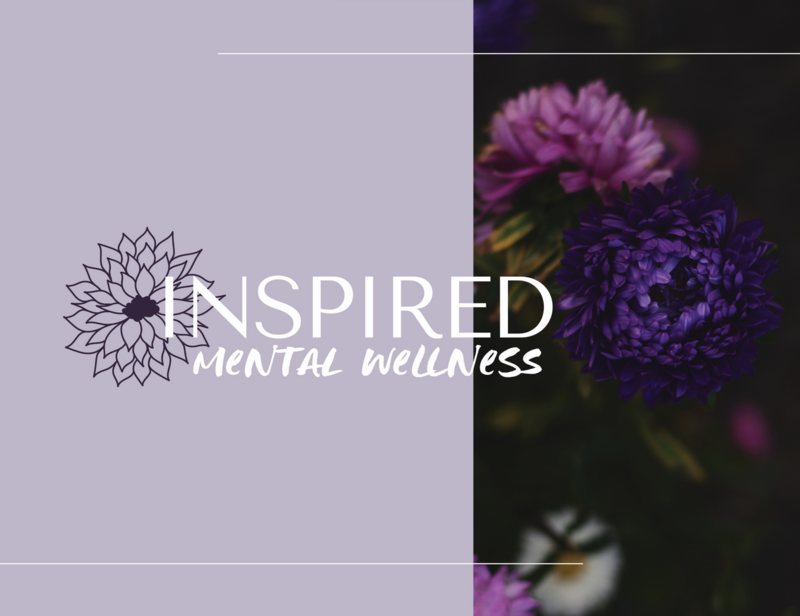 This image shows an Inspired Mental Wellness logo overlayed against an image of dahlias in several shades of purple.