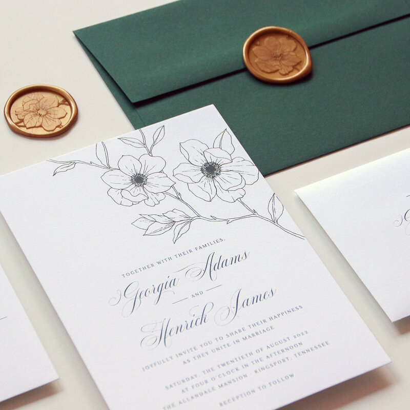botanical wedding invitation set with gold wax seals