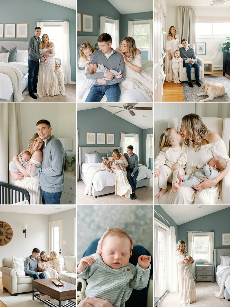 a grid of photos taken at a lifestyle newborn session in-home.