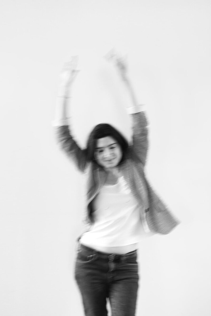 Andrea Shah in a blurred black and white photo