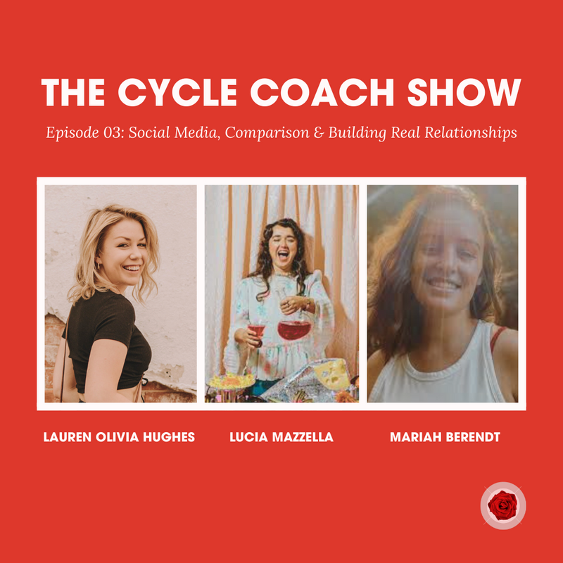 A podcast episode cover with Lauren Olivia Hughes, Lucia Mazzella and Mariah Berendt