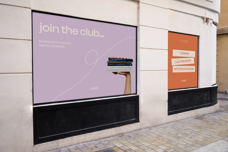 Livre bookclub storefront mockup including fun tagline, modern brand identity and print advertising