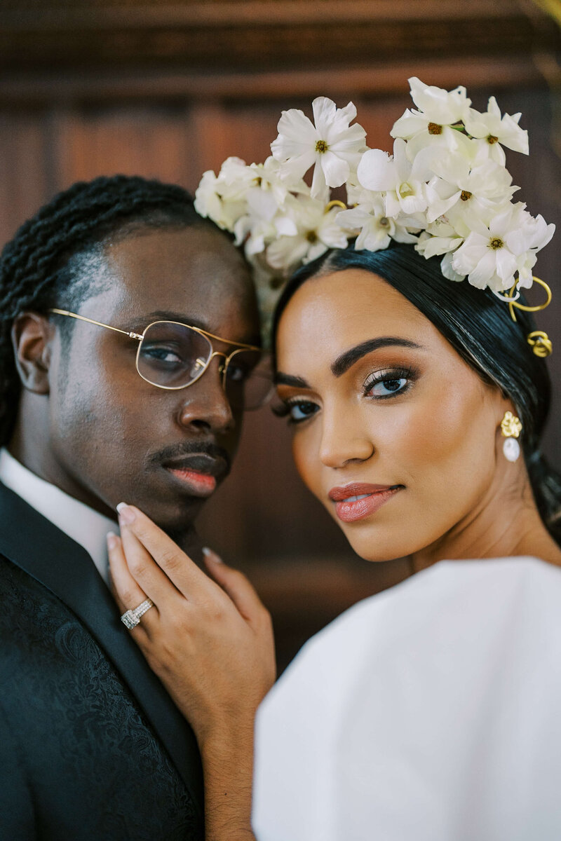 Bride and Groom looking at camera