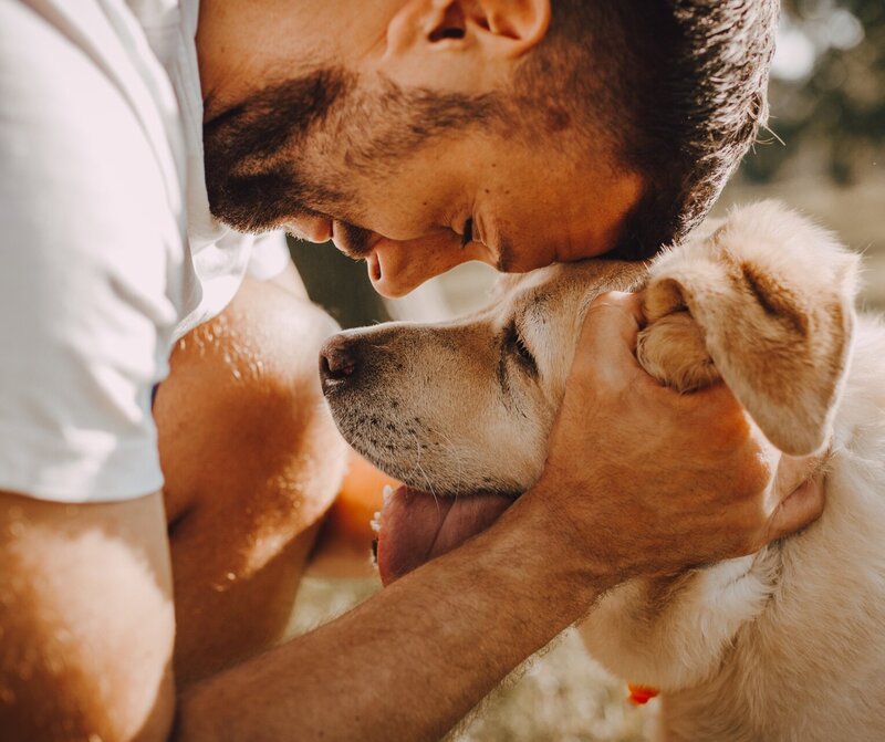 A man with his forehead on a dogs head.