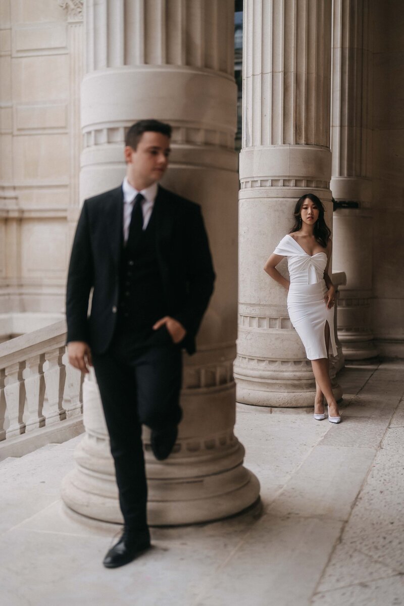 Elegant engagement portraits in Palais Royal garden in Paris