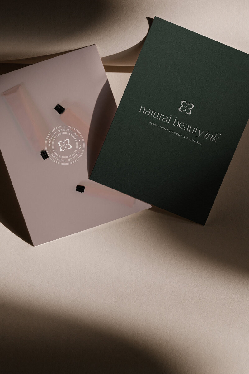 Mockup of branded stationery cards for Natural Beauty Ink feminine rebrand