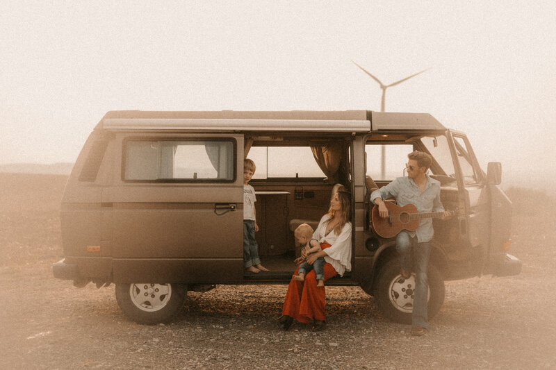 Family photo with a volkswagen bus