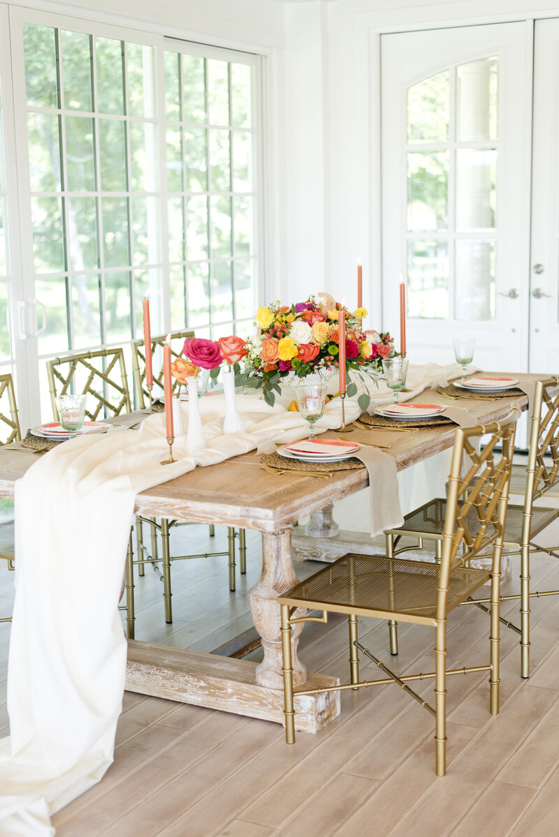 Brightly colored tablescape at reception in Fort Worth