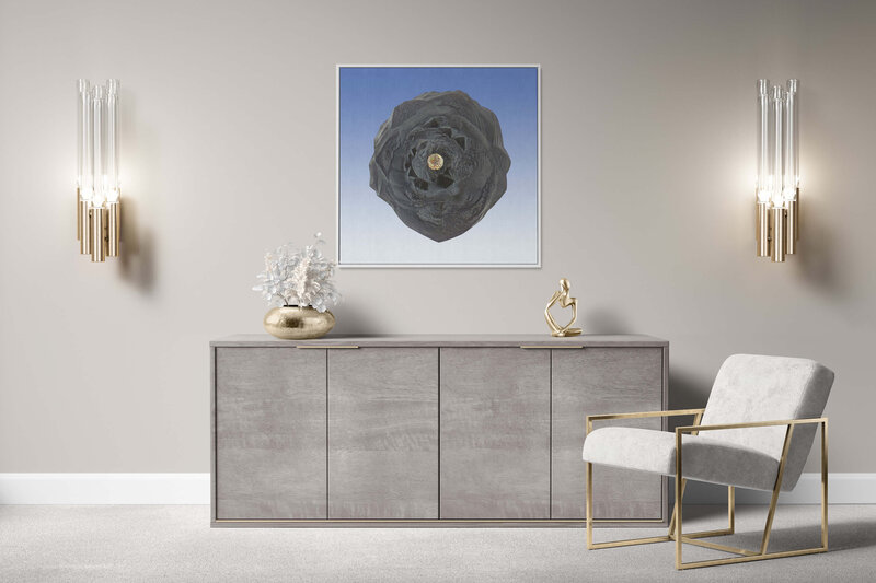 Fine Art Canvas with a white frame featuring Project Stardust micrometeorite NMM 244 for luxury interior design