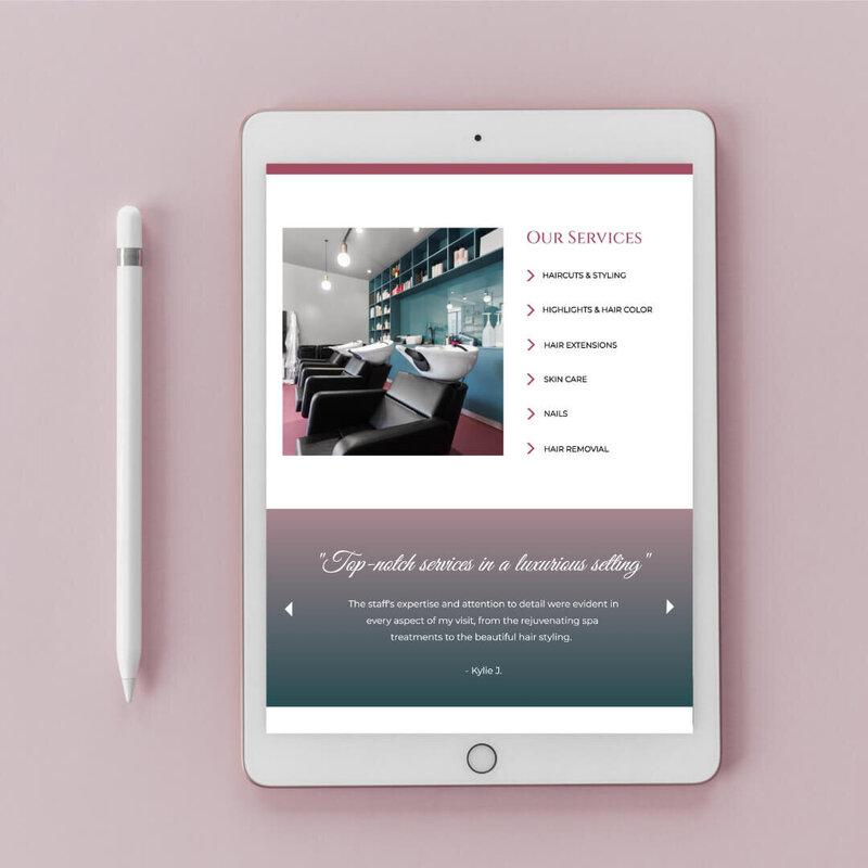 Glamour Locks services section of home page screenshot mockup on ipad purple background and tablet pencil