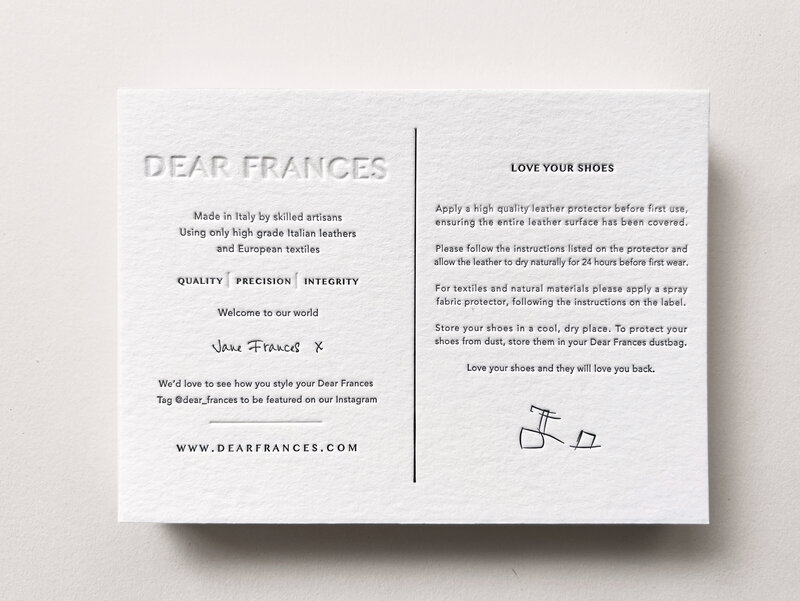 Letterpress designed and printed care cards for Dear Frances shoes London