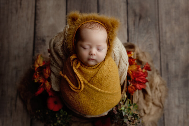 Warm fall tones and rustic textures surround this sleeping baby in a cozy mustard wrap and bear bonnet—perfect for your autumn-inspired gallery.