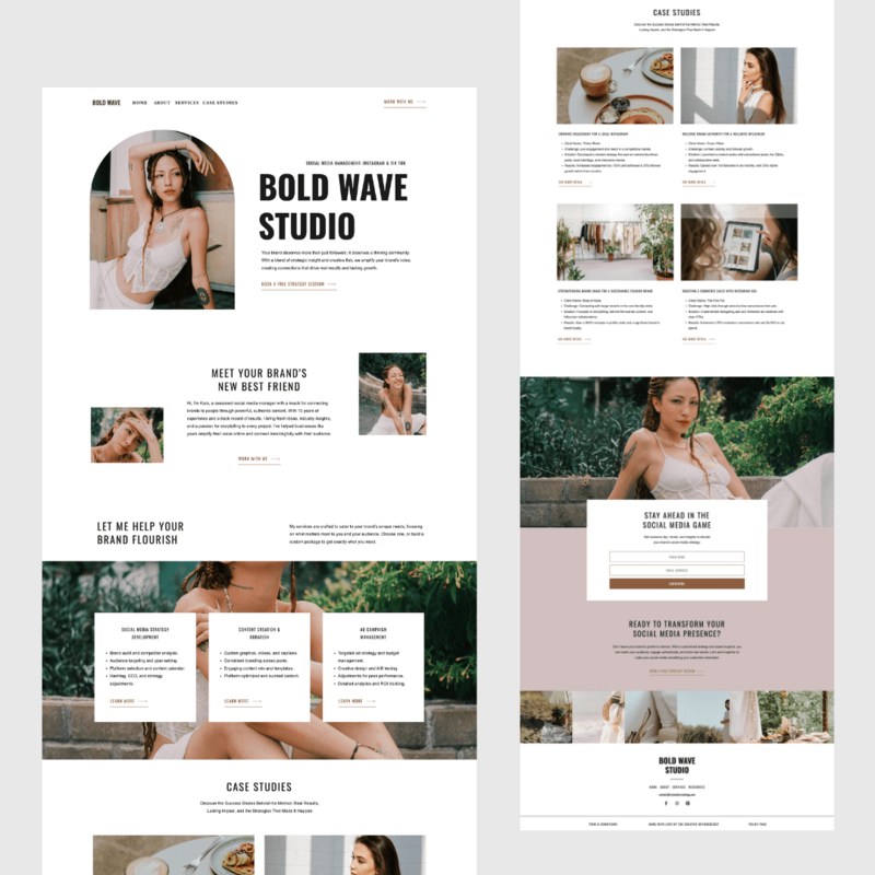 Screenshot of Bold Wave Studio's website design, featuring sections for brand growth, creative services, case studies, and team introductions in an elegant, visually engaging layout.