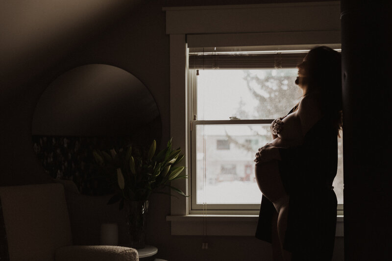 A mother-to-be silhouetted in her home in Jackson, Wyoming.