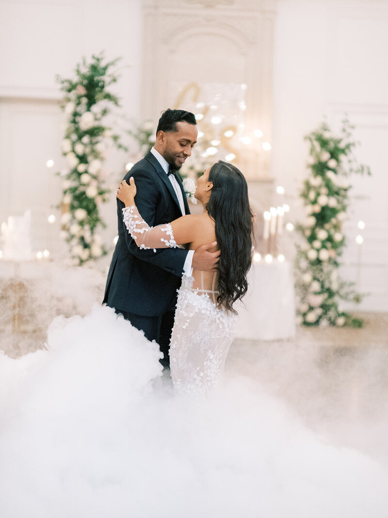 Fashionable and stylish black tie spring wedding with white roses and orchids, Berta wedding gown, and YSL bridal shoes at an Estate with French-inspired architecture and ambiance | Park Chateau Estate and Gardens | East Brunswick NJ | Denise Marie Photography | Editorial Wedding Photographer based in Philadelphia PA