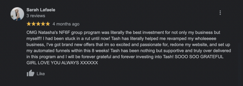 a screenshot of a five star review from one of natasha zoryk's past clients named sarah lafaele