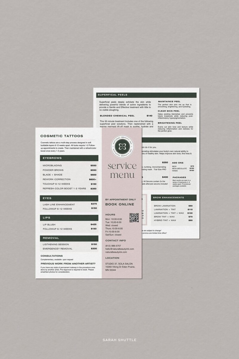 Mockup of printed services guide for Natural Beauty Ink feminine rebrand.