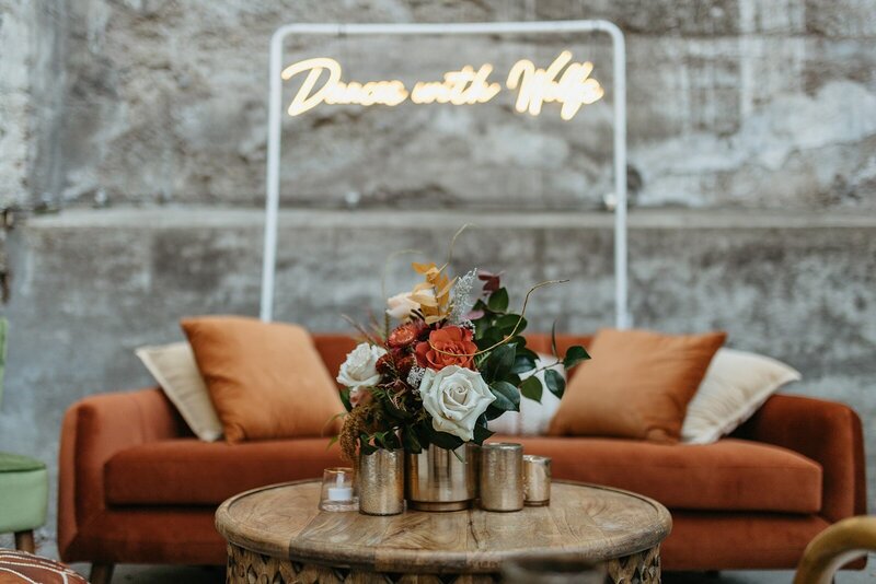 Conversational Seating Area with Neon Sign - Megan & Amber | Hood River Wedding  - LGBTQ Wedding