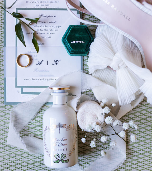 Flat lay details of bridal accessories, Maryland Wedding Photographer
