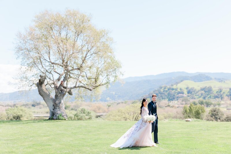 a couple walking along a vineyard under the sunny california skies
