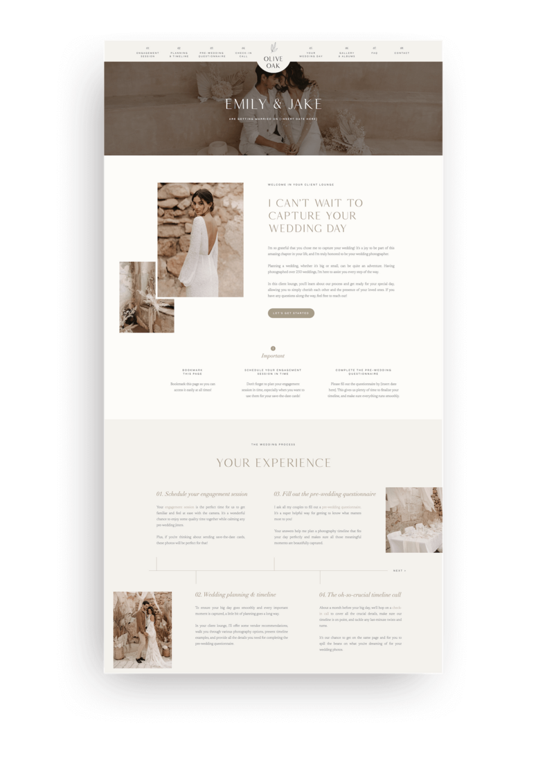 Romantic Showit Wedding Client Lounge for wedding Photographers