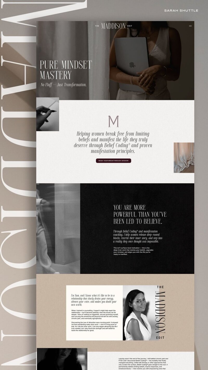 Full-length mockup of The Maddison Edit website layout, showcasing refined editorial design and cohesive luxury branding.