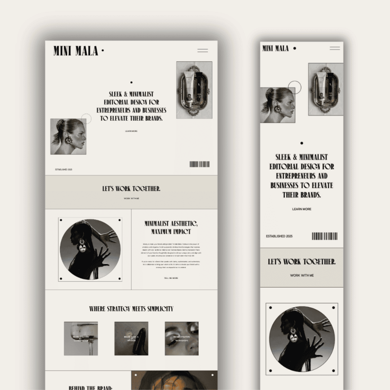A mockup showcasing the MINI MALA website design on both a desktop and mobile screen. The design features a minimalist aesthetic with clean typography, editorial layout, and brand imagery. The desktop version shows a wider layout with navigation, while the mobile version displays a condensed, vertical layout.