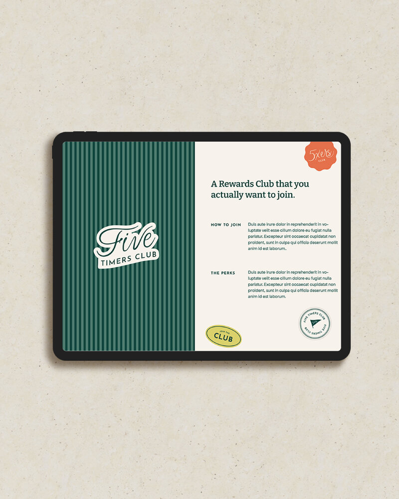 iPad mockup of Five Timers Rewards Club Logo and info