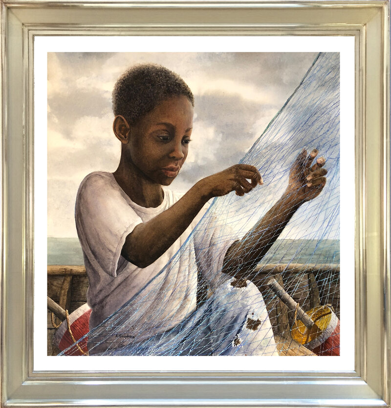 Mending © Alan Shuptrine, watercolor, 18 X 16 inches, Frame OD 23 X 21 inches