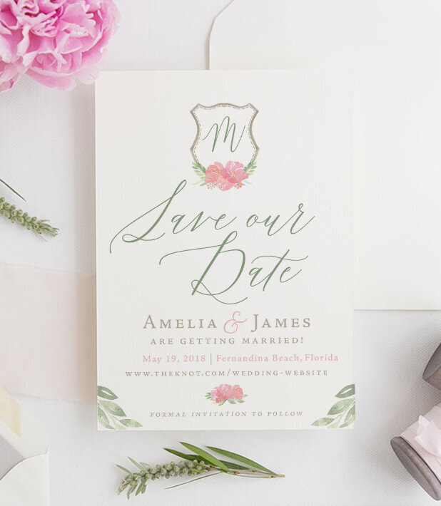 blush and greenery floral crest wedding save the date