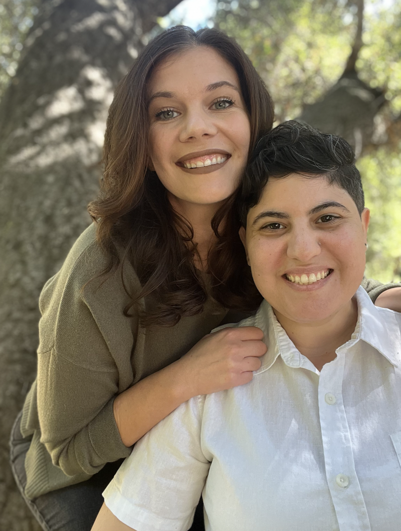 Image of Angela Shankman and Rae Amirian, Good Nature's therapists. Image is a headshot, Angela has long brown hair, a smile and white shirt, and Rae has short dark hair, a smile, and a green shirt.