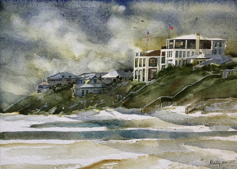 Watercolor painting of a beach