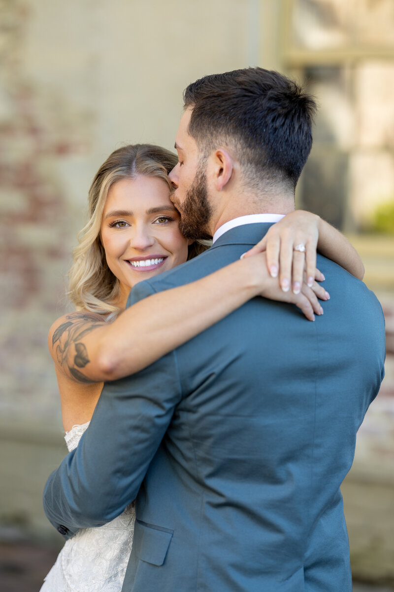 Bride and groom walk up memorial steps at their DC wedding
