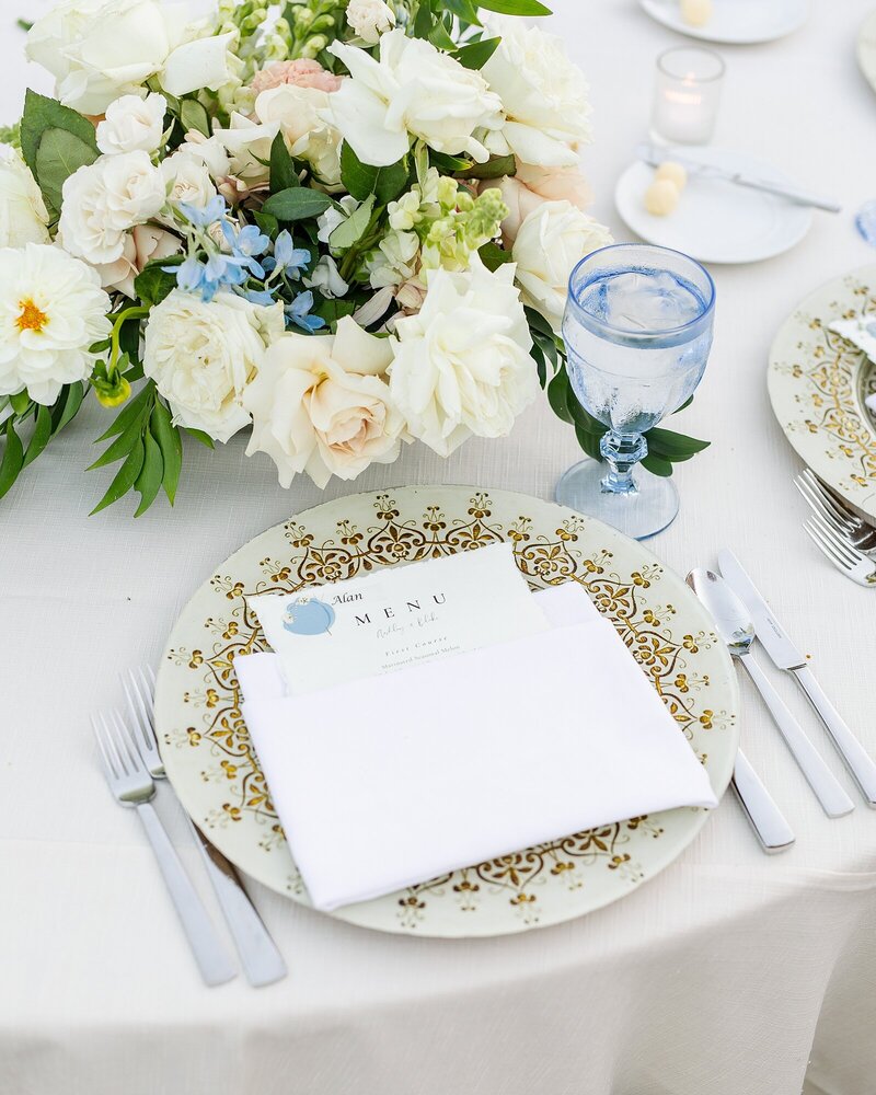 Reception table place setting at Rancho Valencia in Rancho Sante Fe, California.
