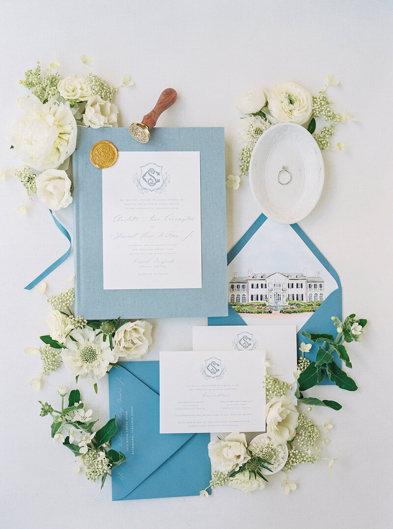 Styled wedding invitation suite with white flowers and heirloom details – Editorial Wedding Photography Seattle