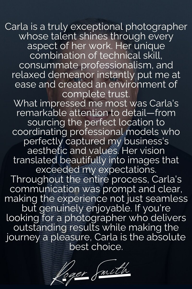 A testimonial image featuring a professional business headshot with text praising Carla Morgado Photographer for her work.