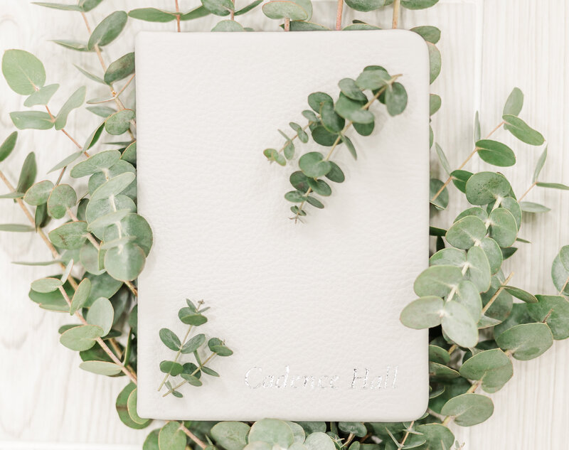 White leather photo album, offered in a professional printing service, lying by eucalyptus.