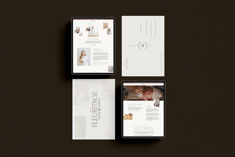 Flat lay of tablet and postcard mockups showcasing branding and web design for a doula and motherhood coach — full visual identity by Almost Always.