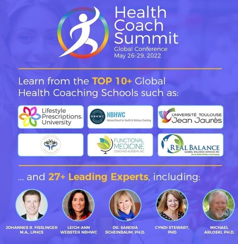 Promotional flyer for the 2022 Health Coach Summit featuring top health coaching schools and experts including Cyndi Stewart, PhD.