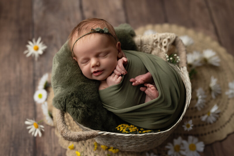 An organic newborn portrait styled with olive green, earthy textures, and fresh daisies—captured in Paris, Ontario.