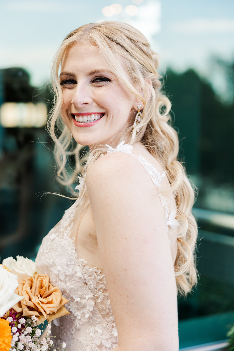 Cute bridal details of Intimate Micro Wedding styled shoot of wedding bouquet, bridal shoes, and boutonniere