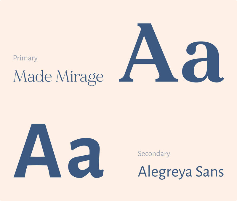 Two fonts, Made Mirage and Alegreya Sans, shown as the primary and secondary font pairings.