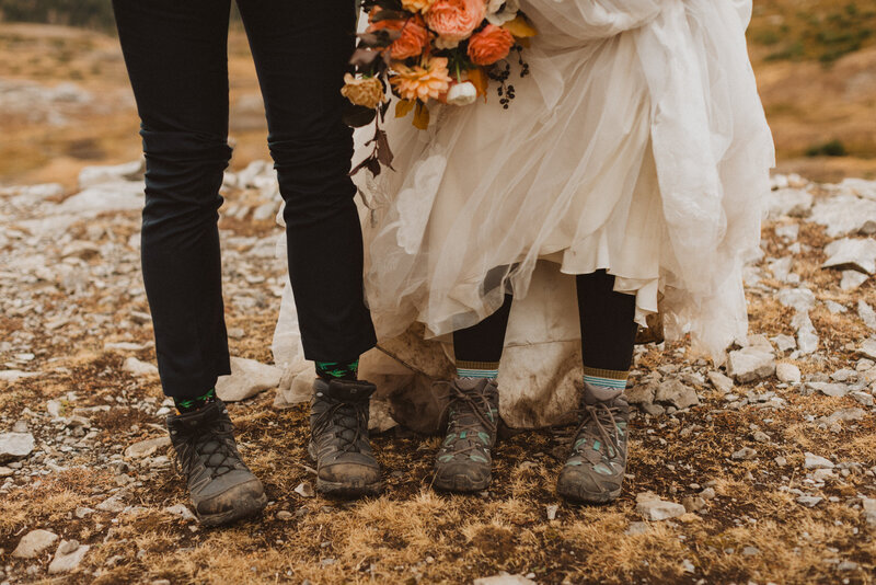 muddy hiking boots elopement photography in Kananaskis, Alberta