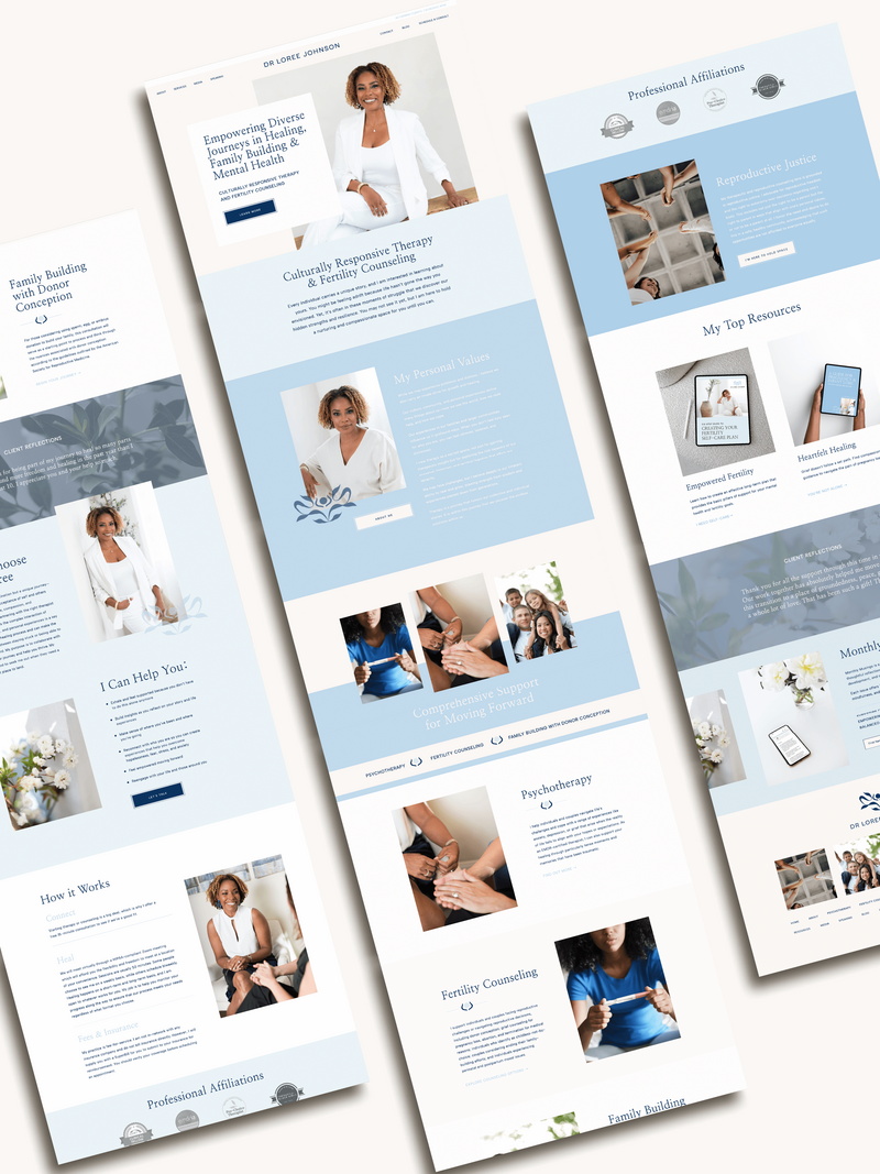 Full homepage design for Dr. Loree Johnson’s website featuring a warm welcome, core values, culturally responsive therapy, fertility counseling, and a clear overview of how to work together. The layout includes soft blue blocks, diverse photography, and accessible navigation to reflect trust, compassion, and clarity.
