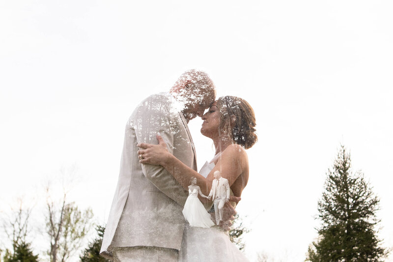 Double exposure of bride and groom resting heads together with image of them walking together