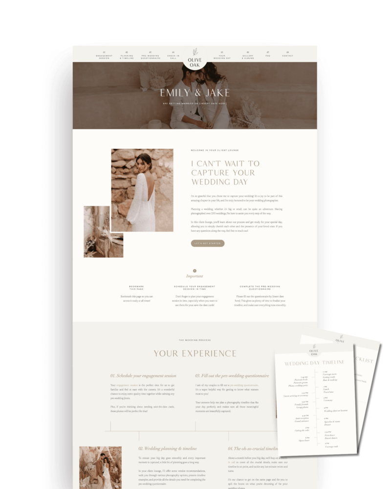 Showit Wedding Client Lounge template for wedding photographers